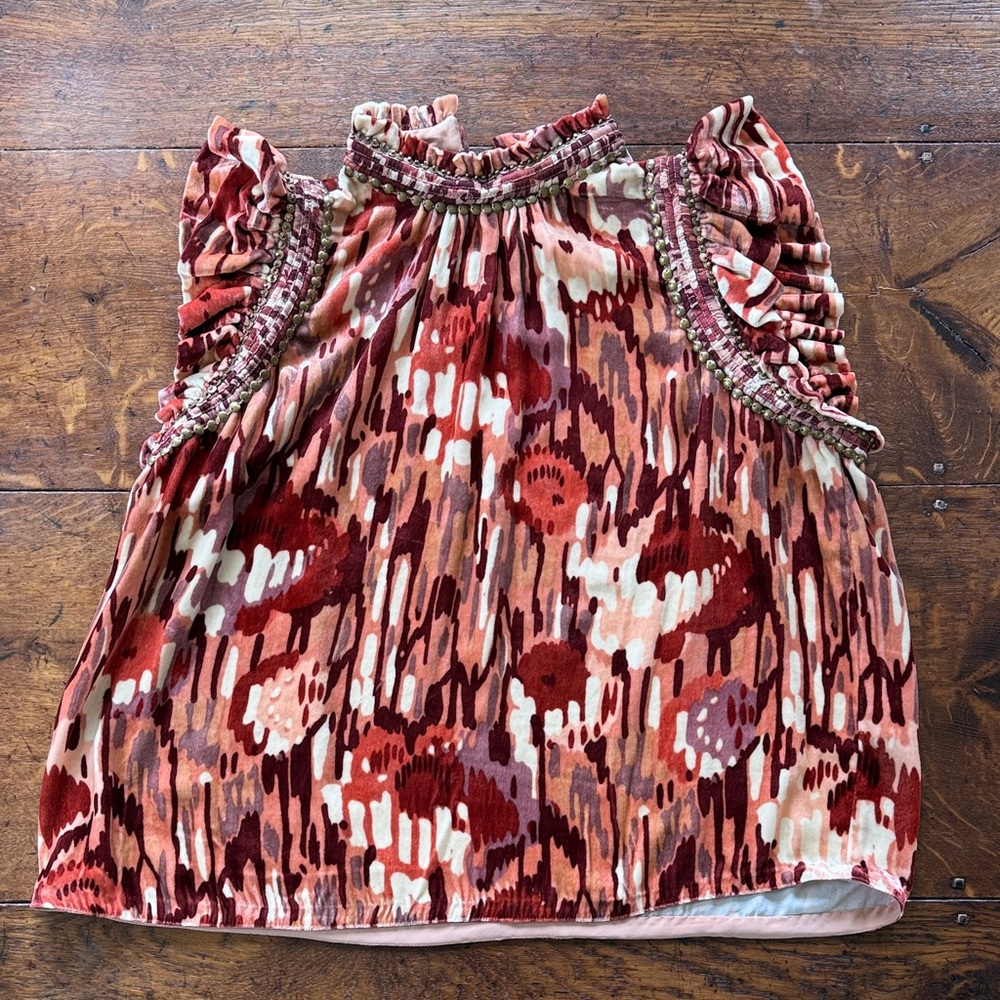 Ulla Johnson Velvet Ruffle Top in Red and Cream